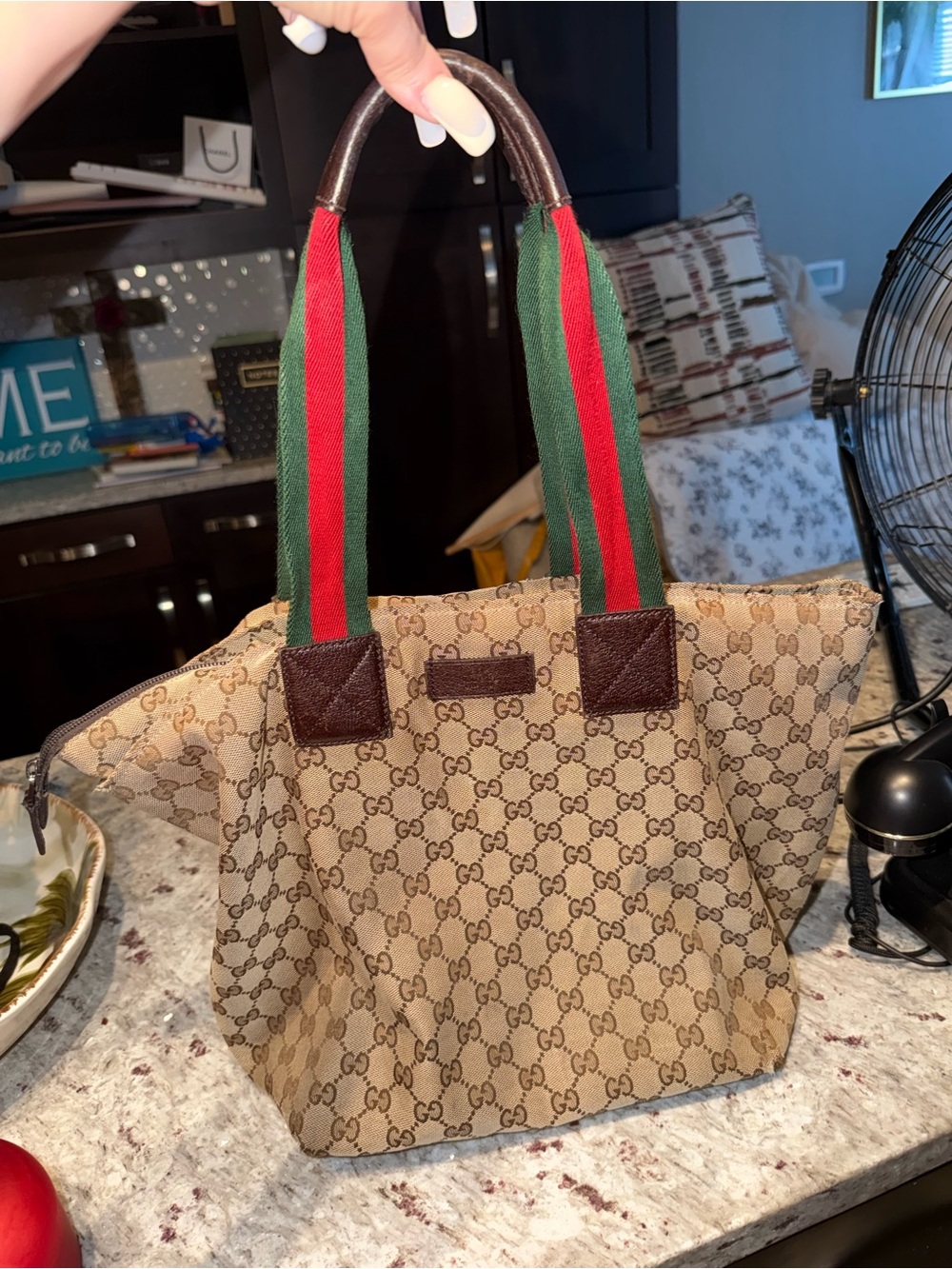 Gucci Monogram Large Web Handle Bucket Tote Dark Brown